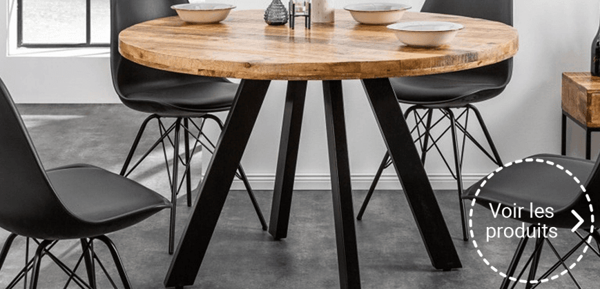 Table à manger ronde style industriel avec plateau en bois massif et pieds noirs en métal