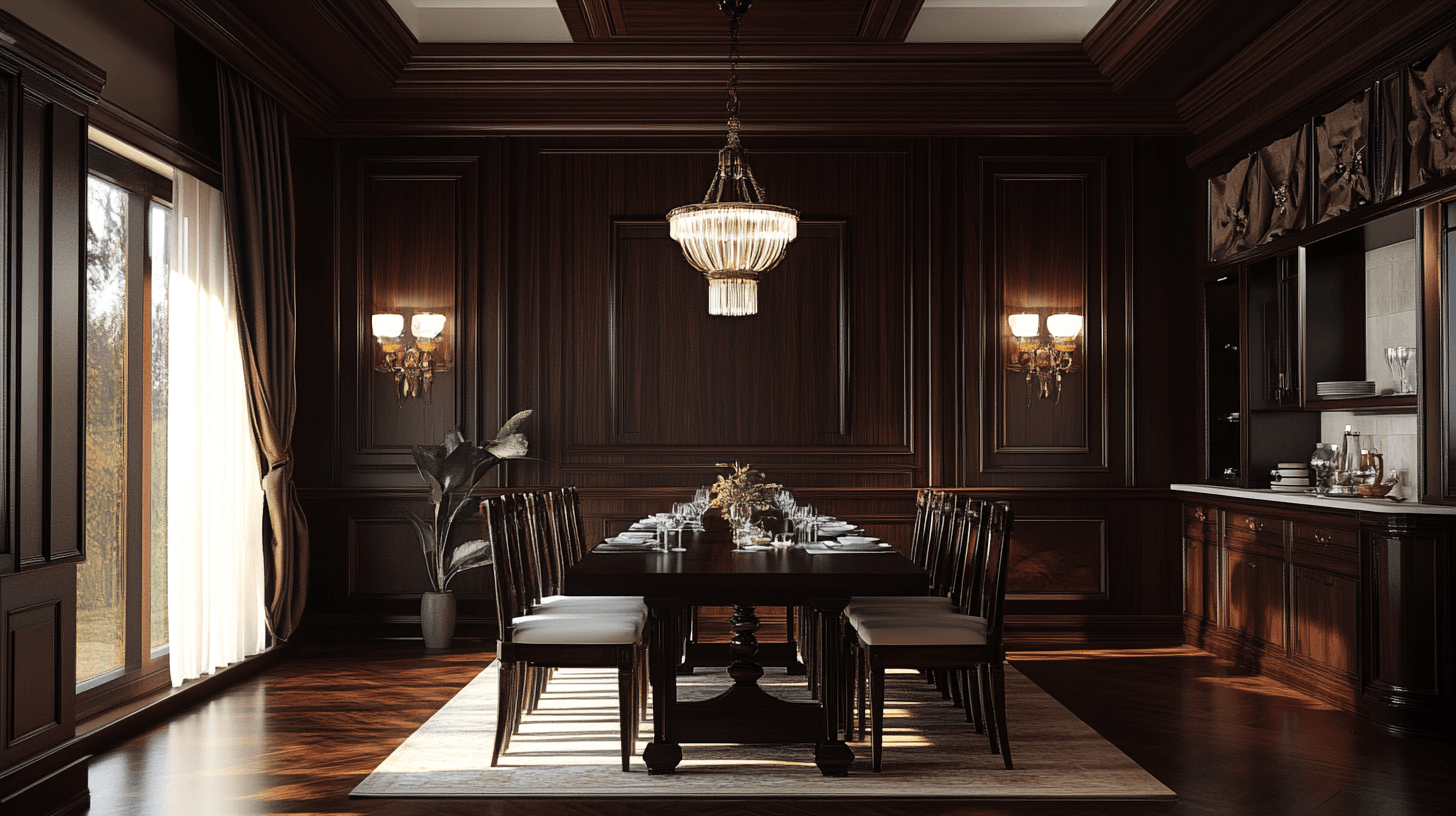 Salle à manger avec des éléments en bois sombre : Accents élégants et confortables