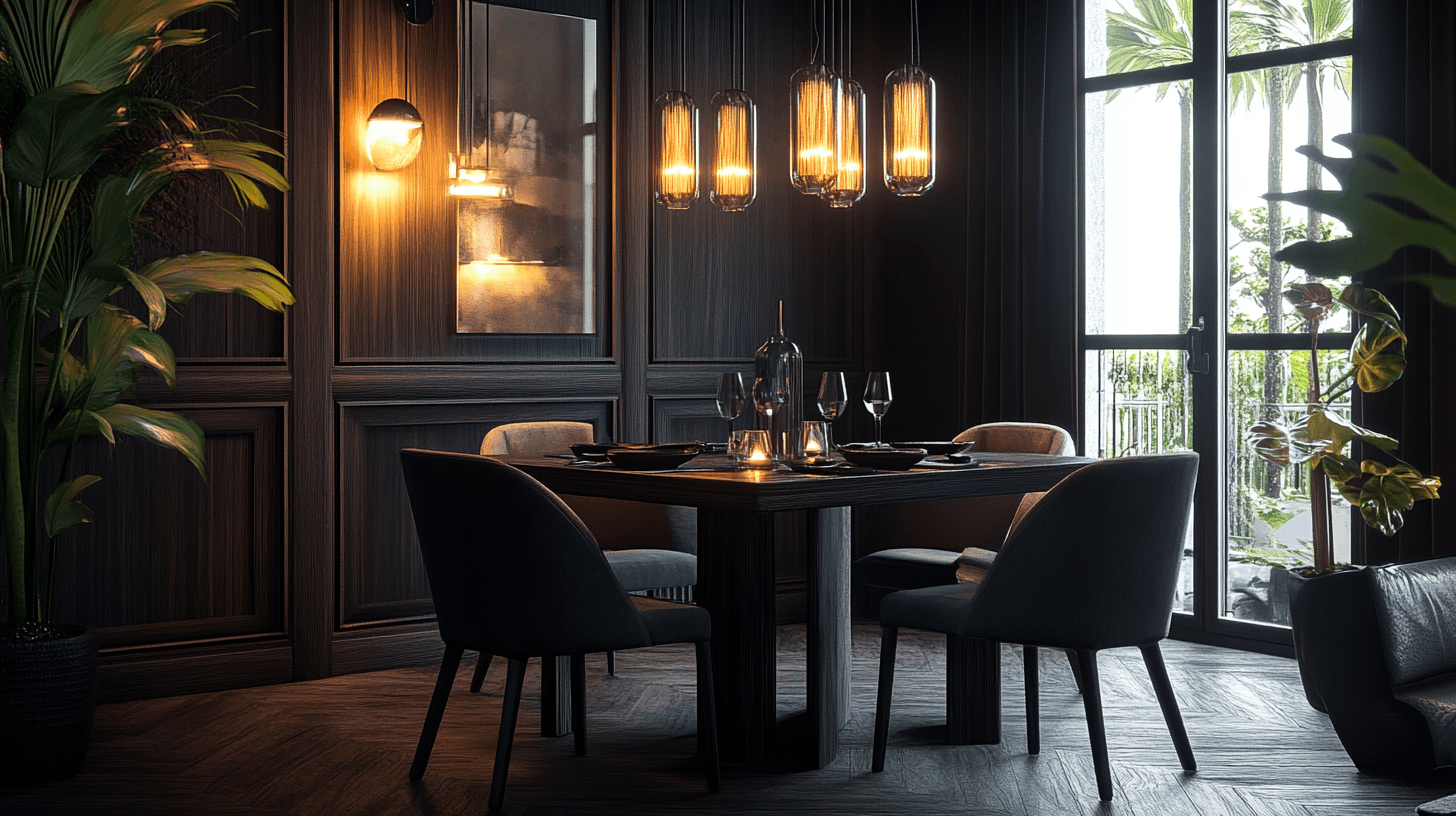 Éclairage dans la salle à manger : mettre en lumière les éléments en bois sombre