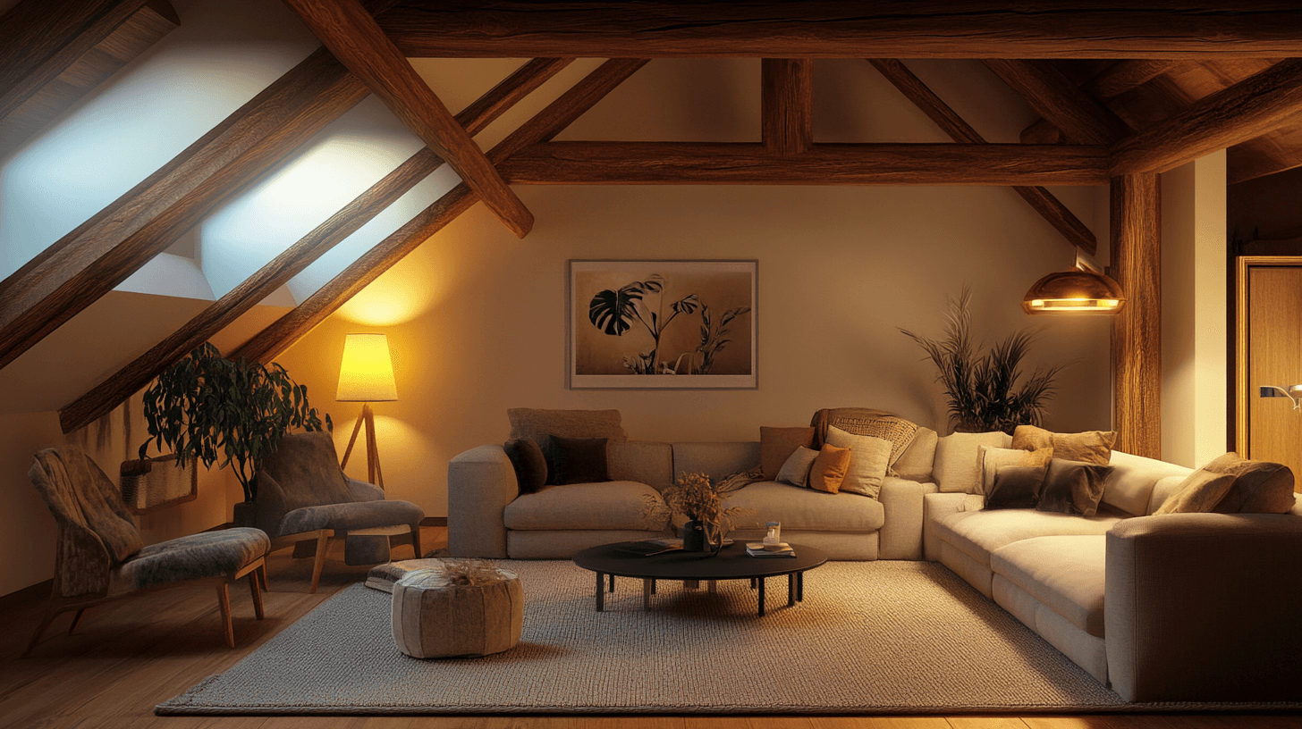 Salon avec poutres apparentes : Charme rustique dans une maison moderne