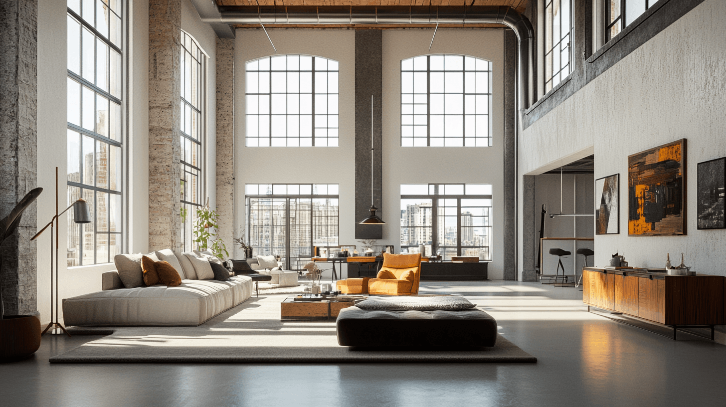 Salon avec un caractère loft : Plafonds hauts et espaces ouverts