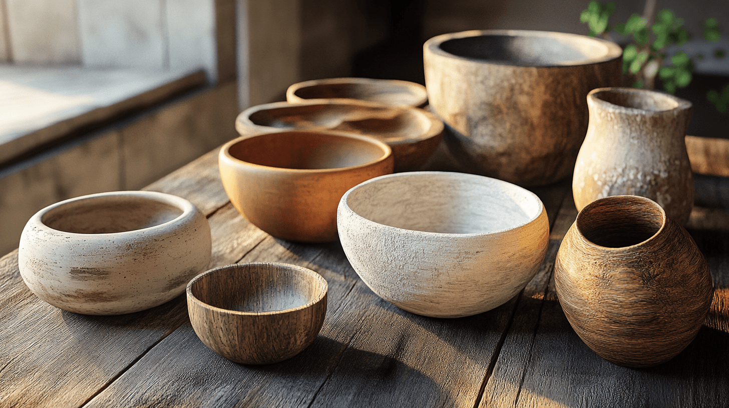 Coupes et vases en matériaux naturels : bois, pierre et argile