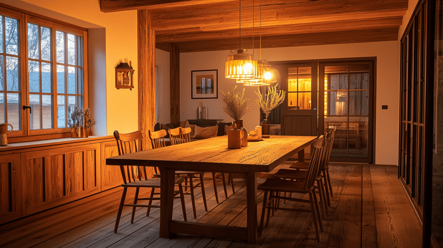 Salle à manger avec des éléments en bois rustiques : Nature et convivialité