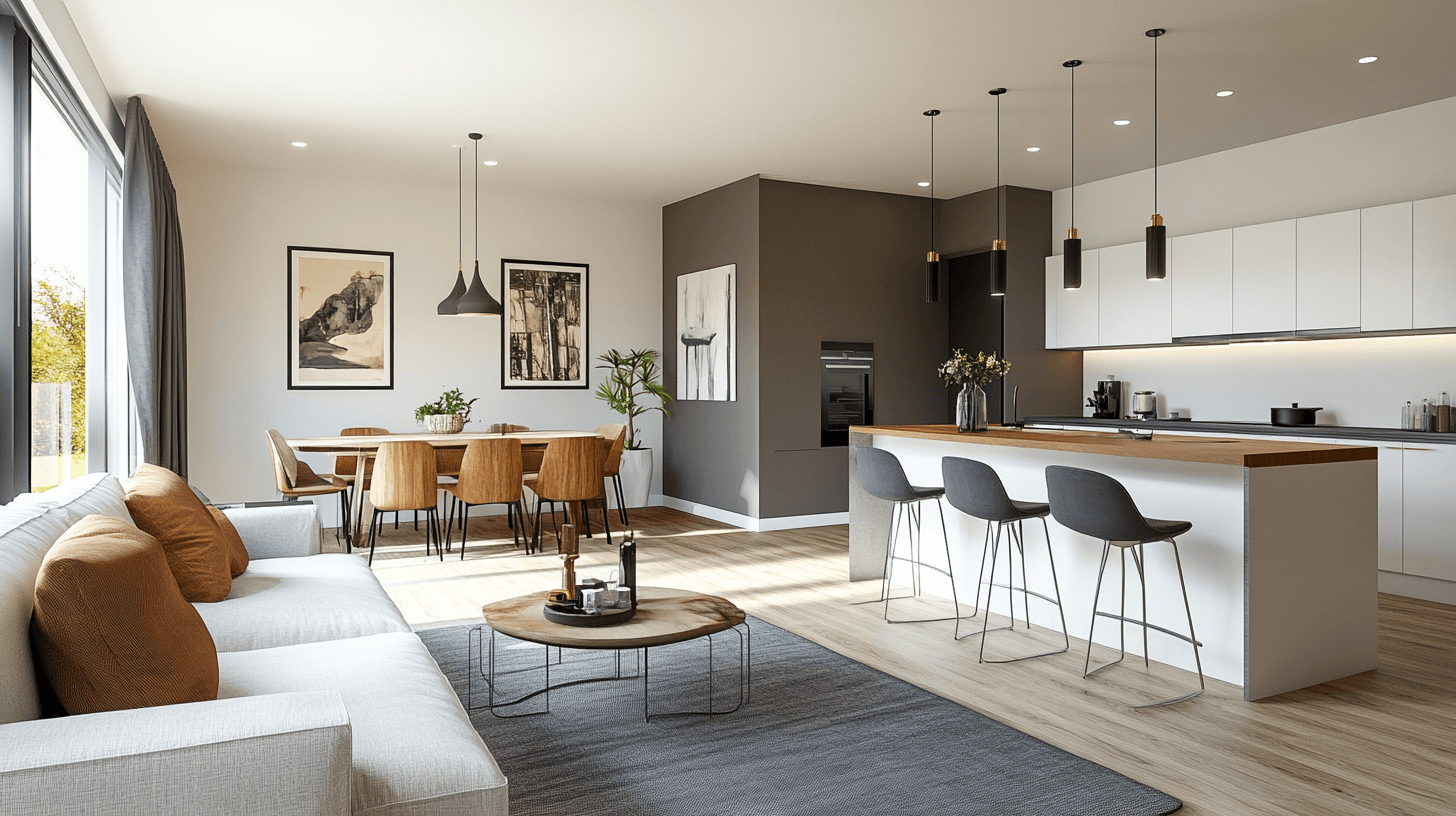 Salon avec cuisine ouverte et comptoir de bar : Moderne et communicatif