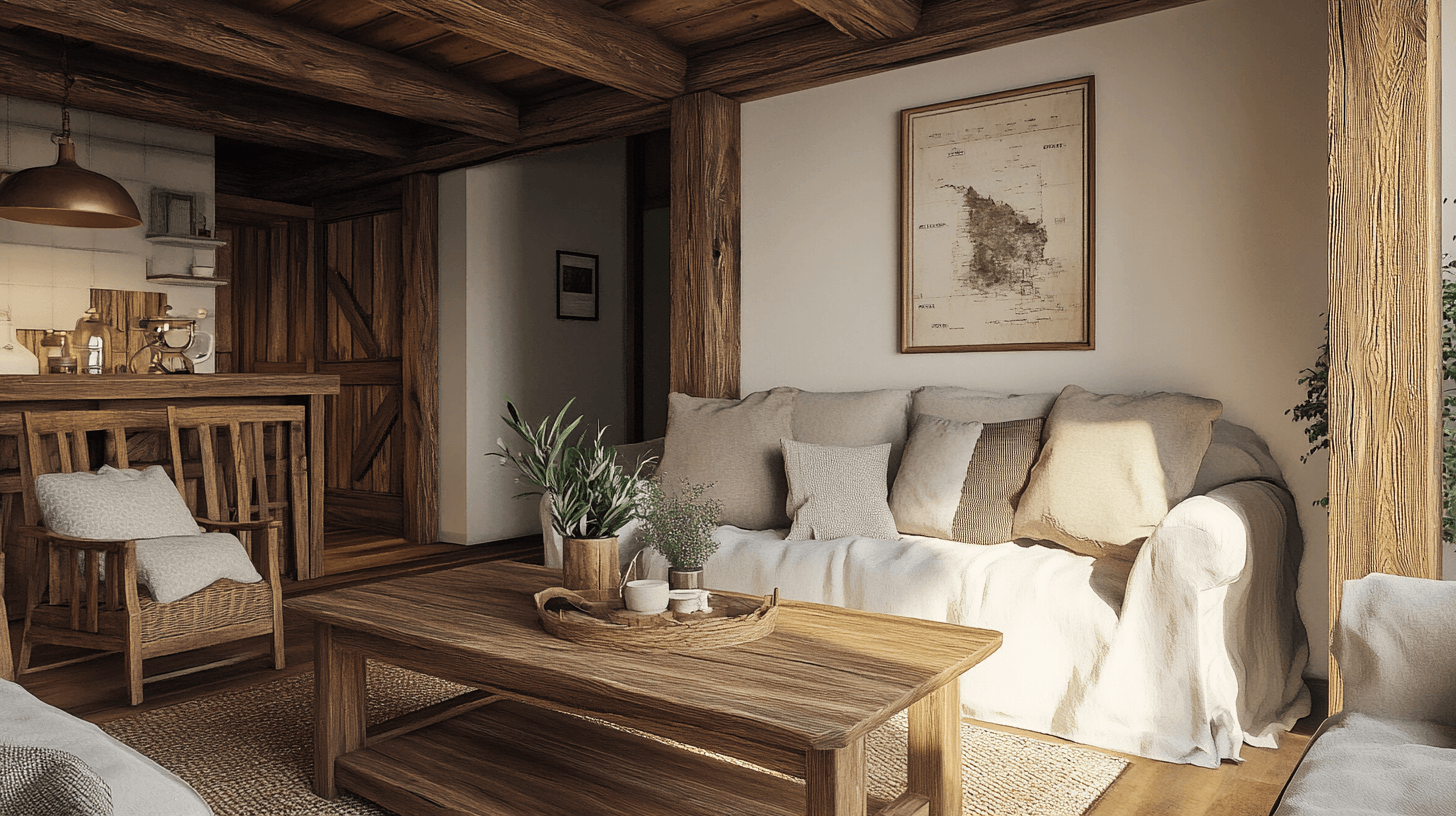 Salon avec des éléments en bois rustiques : la nature à l'état pur dans la pièce