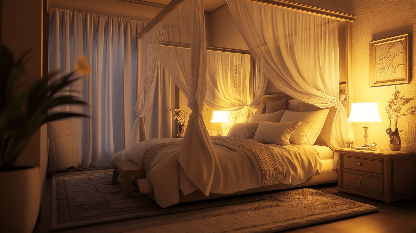 Conseils de décoration pour une chambre romantique avec un lit à baldaquin