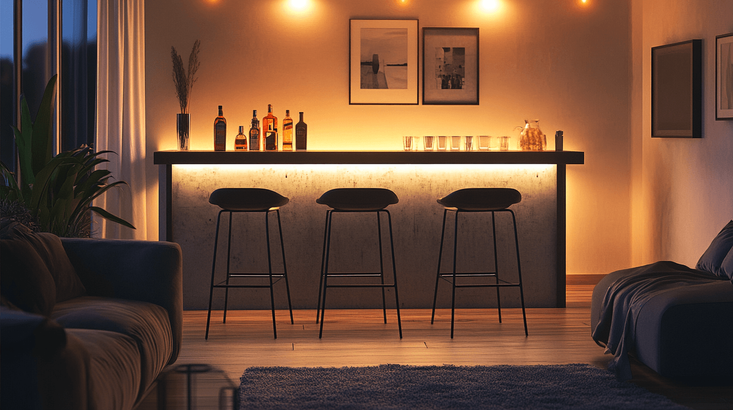 Ambiance de bar à la maison : tables de bar et tabourets de bar