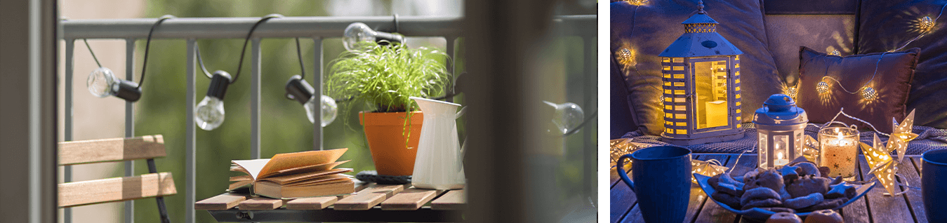 guirlande d ampoule sur balcon et lanterne et guirlande sur une tanle de balcon