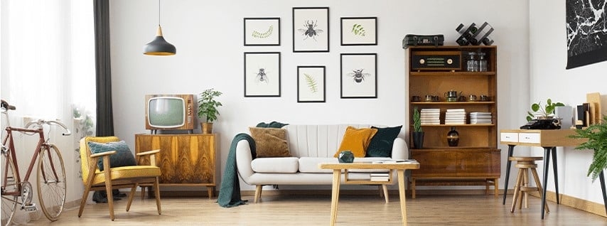 salon retro bois, petit meuble tv bois carré inspiration 60s et 70s