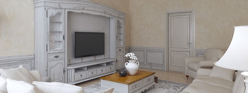 grand meuble tv patine, salon blanc shabby chic