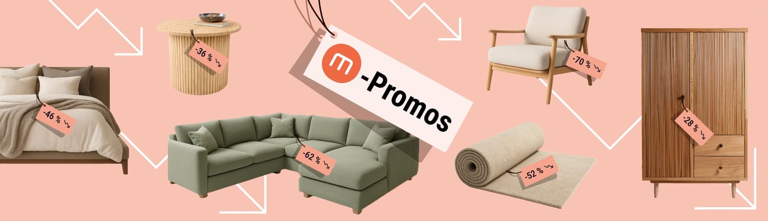 Promos meubles jusqu’à -70 % : canapé, lit, fauteuil, table, tapis et armoire.