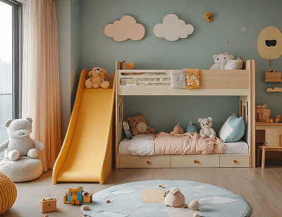 Kinderzimmer mit einer hellblauen Wand, die mit Wolken dekoriert ist, davor steht ein Hochbett mit Rutsche und Kinderspielzeug ist im Raum platziert