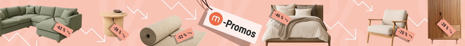 Bannière de promotions meubles montrant jusqu’à -70 % sur canapés, tables, tapis, lits, fauteuils et armoires, avec étiquette M-Promos.